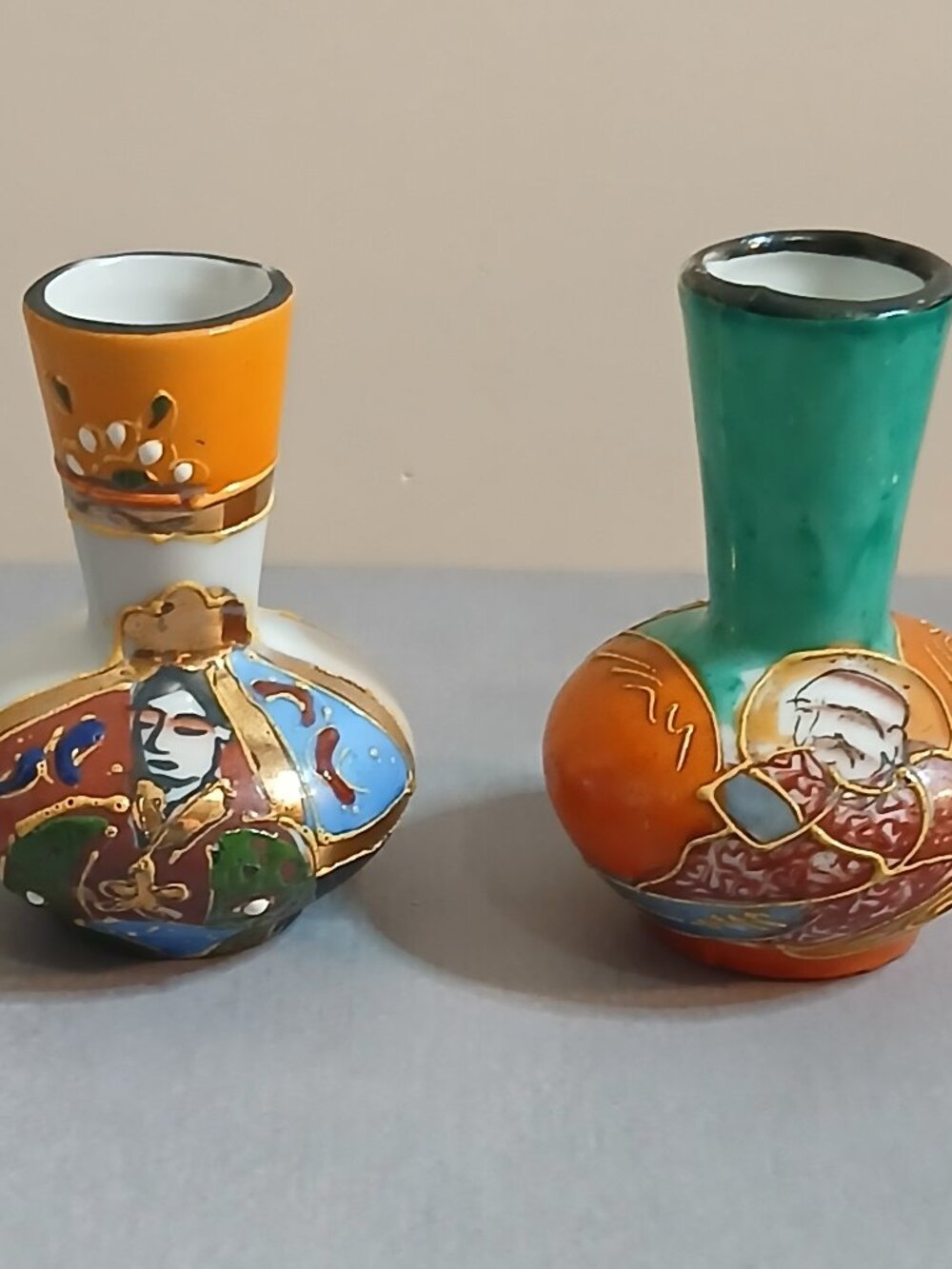 Two Vintage Hand-Painted- Mini Japanese Satsuma-Style Vases-Moriage Details